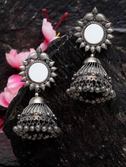Moedbuille - Mirror Studded Filigree Work Tasselled Design Antique Oxidised Handcrafted Jhumkas