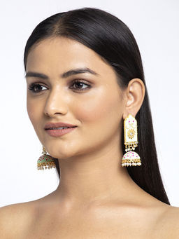 Moedbuille - Kundan Studded Handpainted Sea Green Meenakari Gold Plated Handcrafted Brass Jhumkas