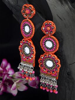 Moedbuille - Mirror & Beads Studded Contemporary Design Oxidised Silver Plated Handcrafted Earrings
