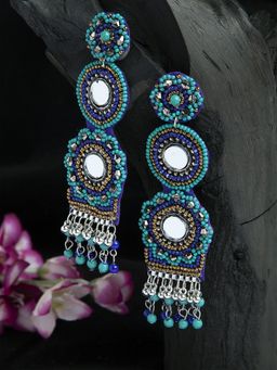 Moedbuille - Mirror & Beads Studded Contemporary Design Oxidised Silver Plated Handcrafted Earrings