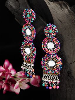 Moedbuille - Mirror & Beads Studded Contemporary Design Oxidised Silver Plated Handcrafted Earrings