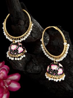 Moedbuille - Pearls Studded Handpainted Meenakari Design Gold Plated Handcrafted Brass Jhumkas