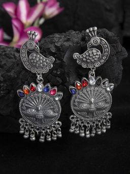 Moedbuille - Stone Studded Peacock Design Oxidised Silver Plated Handcrafted Tribal Chandbalis