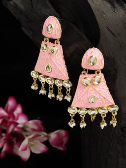 Moedbuille - Kundan Studded Handpainted Pink Meenakari Design Gold Plated Handcrafted Brass Jhumkas