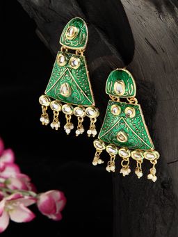 Moedbuille - Kundan Studded Handpainted Green Meenakari Design Gold Plated Handcrafted Brass Jhumkas
