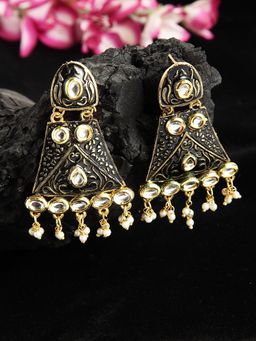 Moedbuille - Kundan Studded Handpainted Black Meenakari Design Gold Plated Handcrafted Brass Jhumkas