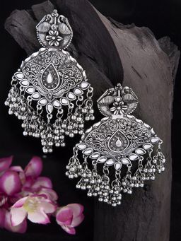 Moedbuille - Stone Studded Temple Design Oxidised Silver Plated Handcrafted Tasselled Chandbalis