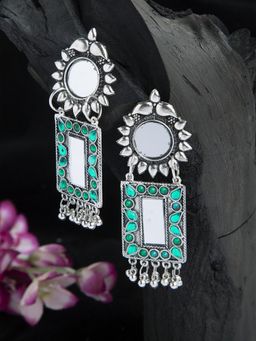 Moedbuille - Mirror & Green Stone Studded Floral Design Oxidised Silver Plated Handcrafted Earrings