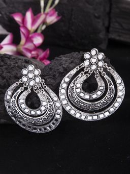 Moedbuille - Mirrors And Stones Studded Layered Design Oxidised Silver Plated Handcrafted Chandbalis