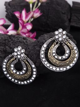 Moedbuille - Mirrors And Stones Studded Layered Design Oxidised Gold Plated Handcrafted Chandbalis