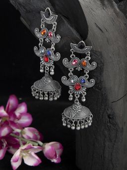 Moedbuille - Multi Color Stones Temple Design Oxidised Silver Plated Handcrafted Tribal Jhumkas