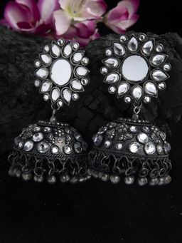 Moedbuille - Mirror And Stones Studded Tribal Design Oxidised Silver Plated Handcrafted Jhumkas