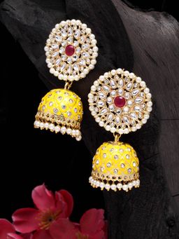 Moedbuille - Hand Painted Meenakari Work Kundan and Pearls Studded Gold Plated Handcrafted Jhumkas