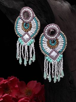 Moedbuille - Blue & Off White Beads and Stone Studded Tasselled Handcrafted Embellished Drop Earrings