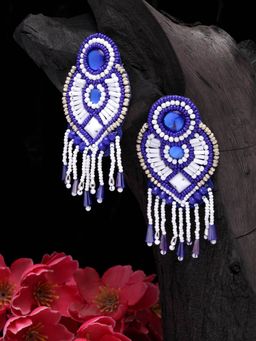 Moedbuille - Blue & Off White Beads and Stone Studded Tasselled Handcrafted Embellished Drop Earrings
