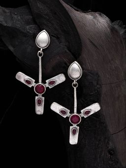 Moedbuille - Red Stone Studded Handcrafted Quirky Design Oxidised Silver Plated Contemporary Earrings