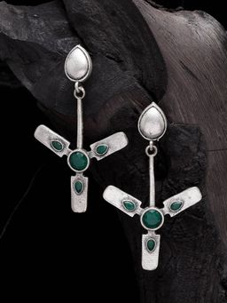 Moedbuille - Green Stone Handcrafted Quirky Design Oxidised Silver Plated Contemporary Earrings