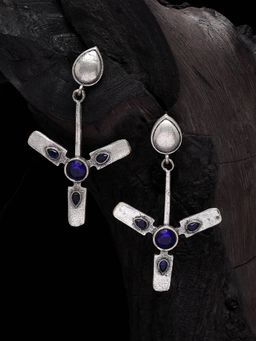 Moedbuille - Blue Stone Handcrafted Quirky Design Oxidised Silver Plated Contemporary Earrings