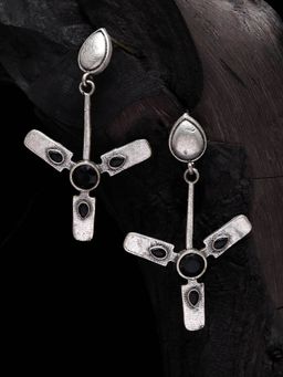 Moedbuille - Black Stone Handcrafted Quirky Design Oxidised Silver Plated Contemporary Earrings