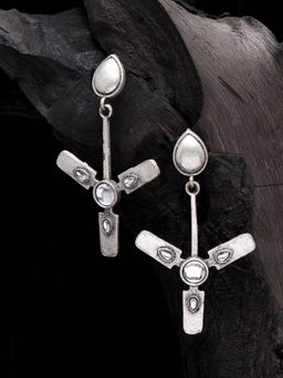 Moedbuille - White Stone Handcrafted Quirky Design Oxidised Silver Plated Contemporary Earrings
