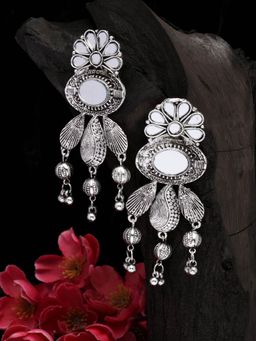 Moedbuille - Mirror Studded Tribal Design Oxidised Silver Plated Handcrafted Tasselled Chandbalis
