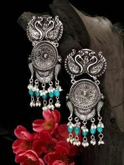Moedbuille - Blue Pearls Studded Temple Design Oxidised Silver Plated Handcrafted Tasselled Earrings