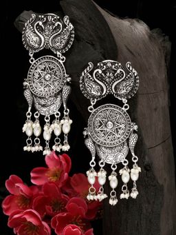 Moedbuille - Pearls Studded Temple Design Oxidised Silver Plated Handcrafted Tasselled Earrings