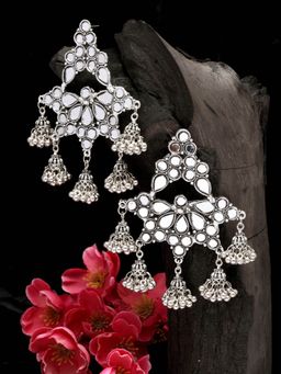 Moedbuille - Mirrors Studded Antique Afghan Design Oxidised Silver Plated Handcrafted Earrings