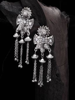 Moedbuille - Handcrafted Stone Studded Tasselled Design Oxidised Silver Plated Temple Earrings