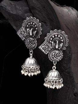 Moedbuille - Pearls Studded Handcrafted Filigree Work Temple Design Oxidised Silver Plated Jhumkas