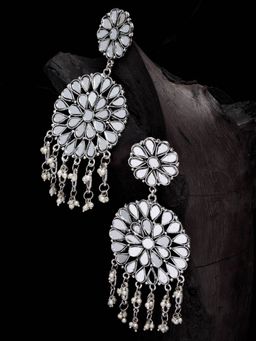 Moedbuille - Mirrors & Pearls Studded Tasselled Design Oxidised Silver Plated Handcrafted Earrings