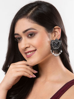 Moedbuille - Black And Off White Pearls & Beads Studded Handcrafted Tasselled Chandbalis