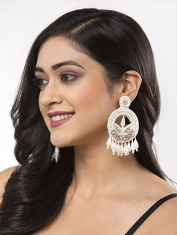 Moedbuille - Stone Studded Off White Pearls & Beads Contemporary Design Handcrafted Drop & Dangler