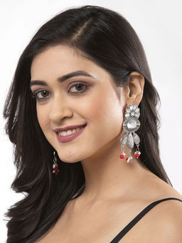 Moedbuille - Mirror & Red Pearls Antique Floral Design Oxidised Silver Plated Handcrafted Earrings