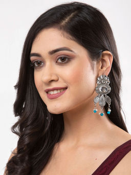 Moedbuille - Mirror & Pearls Antique Floral Design Oxidised Silver Plated Handcrafted Earrings