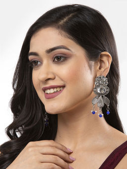 Moedbuille - Mirror & Blue Pearls Antique Floral Design Oxidised Silver Plated Handcrafted Earrings