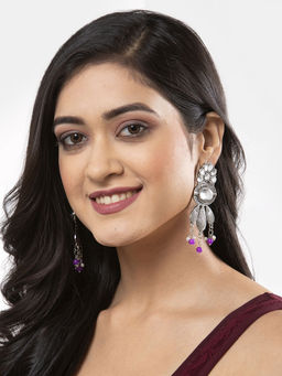 Moedbuille - Mirror & Pearls Antique Floral Design Oxidised Silver Plated Handcrafted Earrings