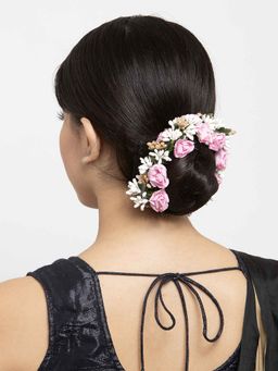 Moedbuille - Pink Floral Design Off-White & Green Beaded and Lace Handcrafted Hair Accessory