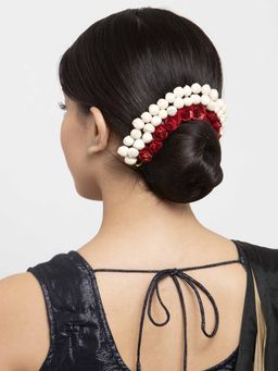 Moedbuille - Red Floral Design Off-White & Green Beaded and Lace Handcrafted Hair Accessory