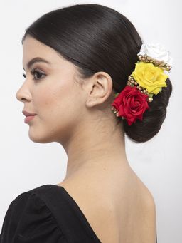 Moedbuille - Red Yellow and White Floral Design Beaded and Lace Handcrafted Bun Pin