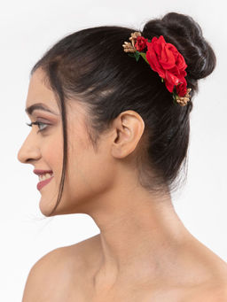 Moedbuille - Red Floral Design Gold Toned Beads And Lace Handcrafted Bun Pin