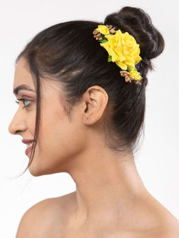 Moedbuille - Yellow Floral Design Gold Toned Beads And Lace Handcrafted Bun Pin