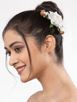 Moedbuille - Off White Floral Design Gold Toned Beads And Lace Handcrafted Bun Pin