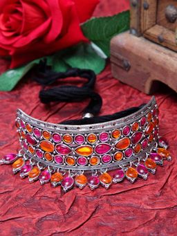 Moedbuille - Pink Orange Enamel Afghan Tasselled Design Bohemian Tribal Look Antique Oxidised Choker