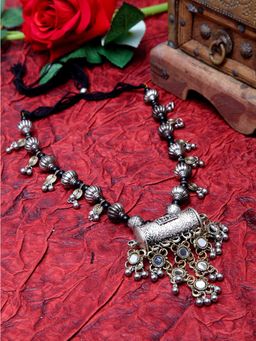 Moedbuille - Mirror & Beads Studded Antique Tasselled Design Handcrafted Dual Tone Oxidised Necklace