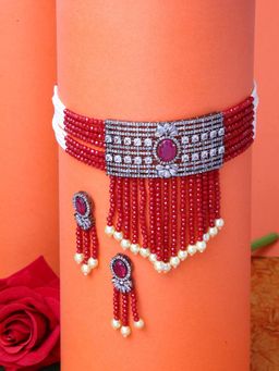 Moedbuille - Red and White Onyx Stones & American Diamond Studded Silver Plated Jewelry Set