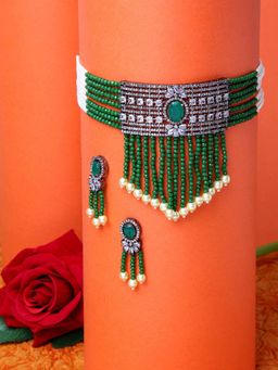 Moedbuille - Green and White Onyx Stones & American Diamond Studded Silver Plated Jewelry Set