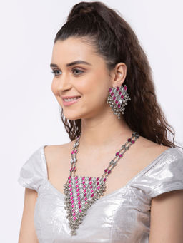 Moedbuille - Mirror Work Afghan Tasselled Design Oxidised Silver Plated Handcrafted Jewellery Set