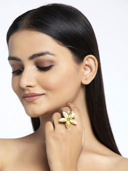 Moedbuille - Floral Design Pearls Studded Antique Gold Plated Handcrafted Temple Finger Ring