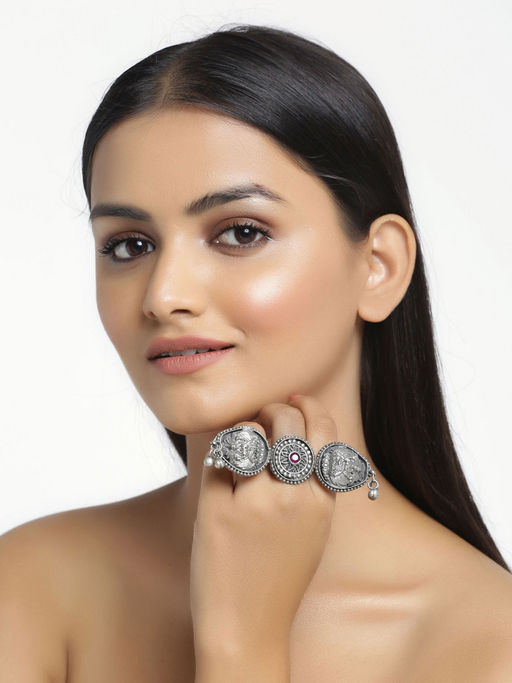 Moedbuille White Stone Studded Laxmi Design Oxidised Silver Plated Handcrafted Finger Ring